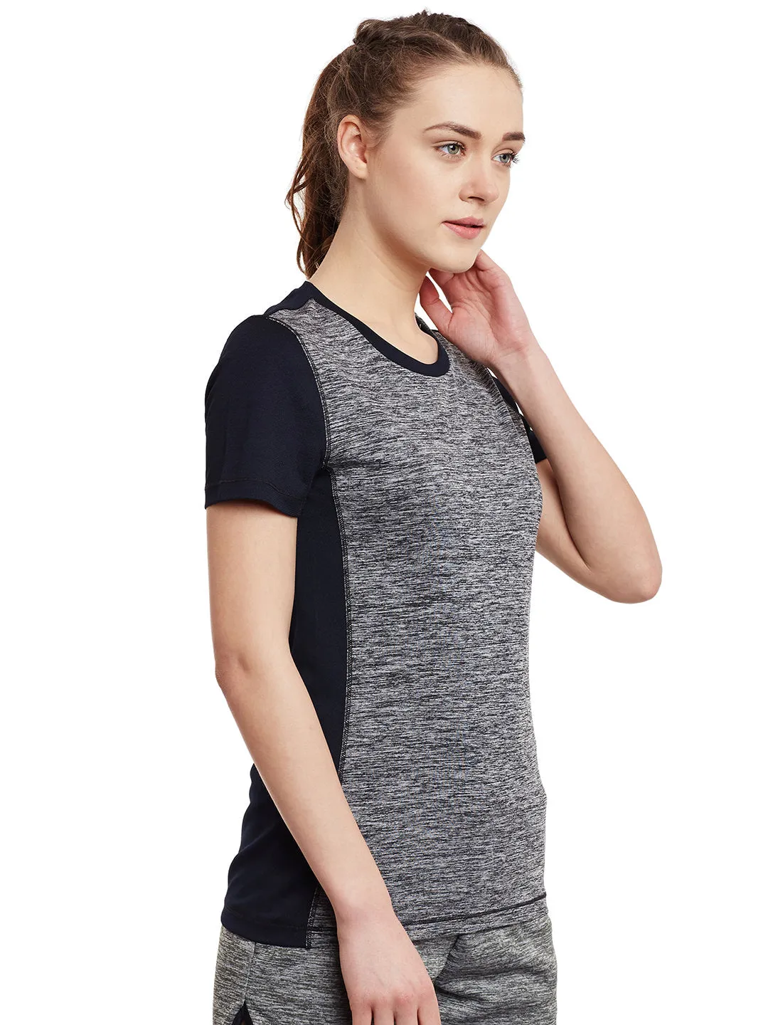 Alcis Women Grey Melange Black Tech Solid Slim Round Neck Training T-shirt