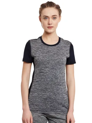 Alcis Women Grey Melange Black Tech Solid Slim Round Neck Training T-shirt