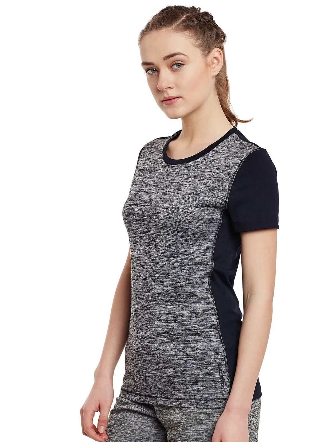 Alcis Women Grey Melange Black Tech Solid Slim Round Neck Training T-shirt