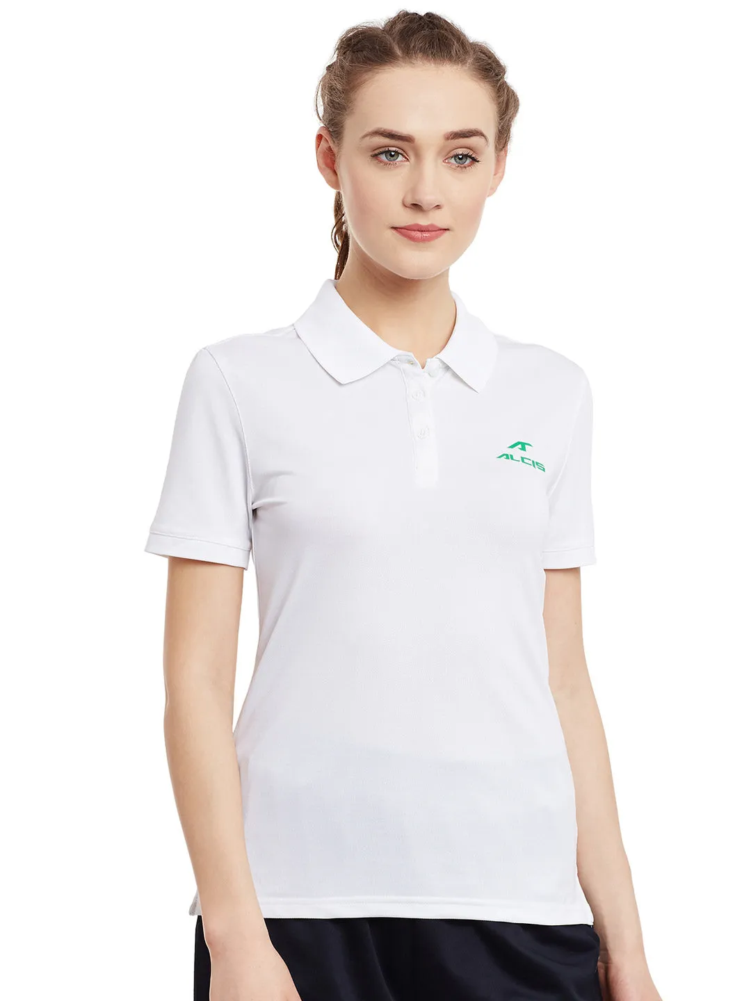 Alcis Women White Solid Slim Polo Collar T-shirt