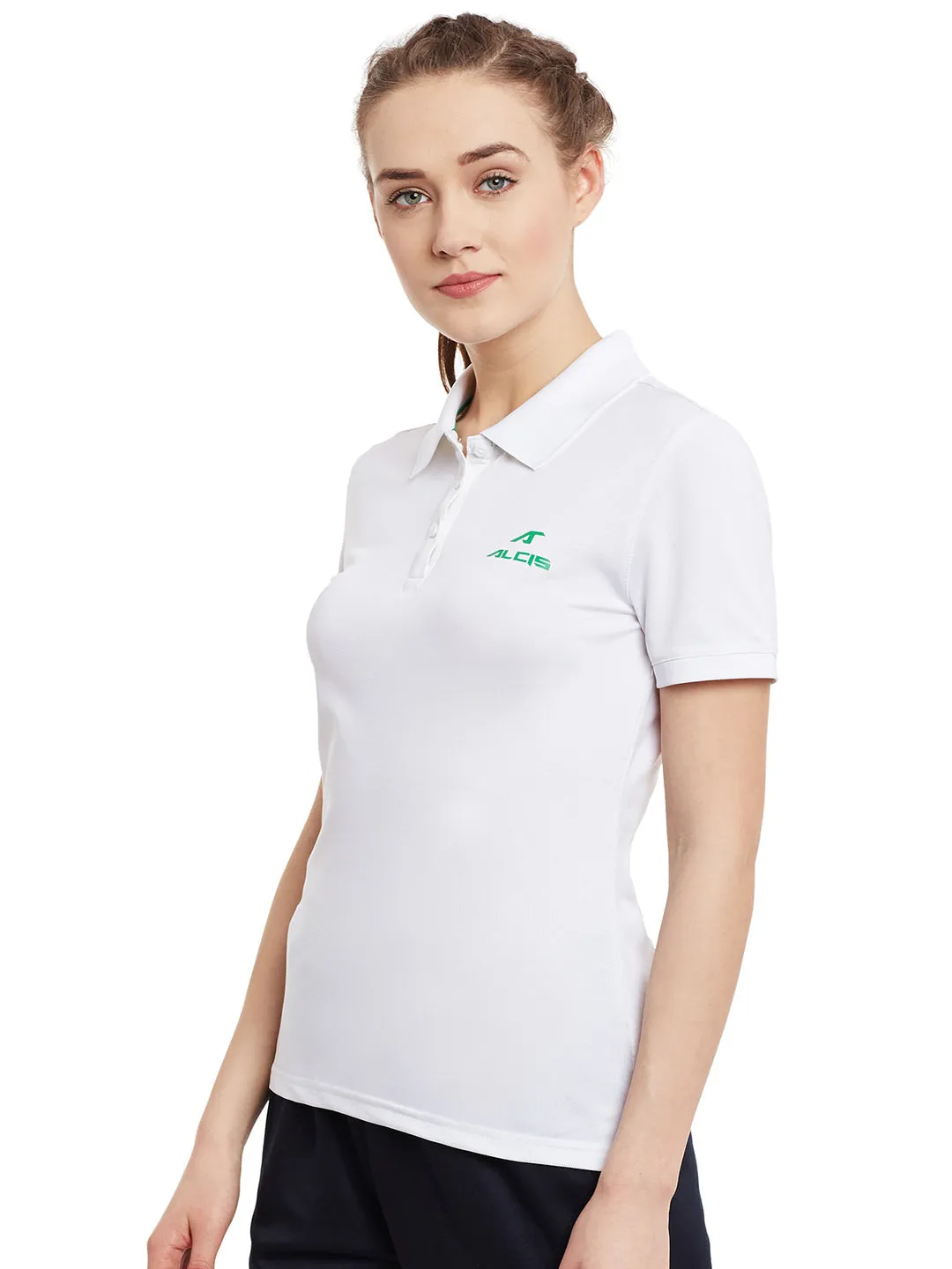 Alcis Women White Solid Slim Polo Collar T-shirt