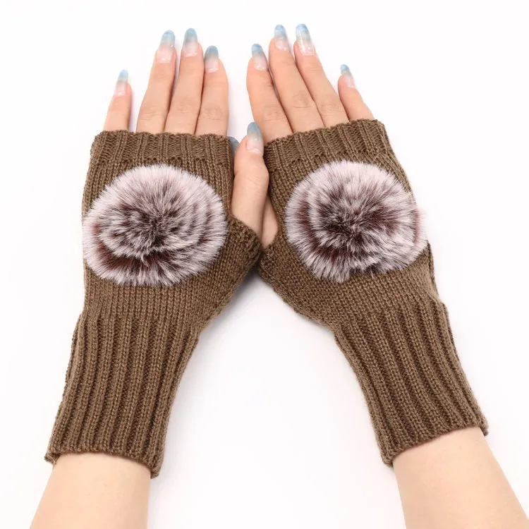 Autumn And Winter Women Fingerless Fur Ball Gloves Knitted Wool Warm Sleeves(Khaki)