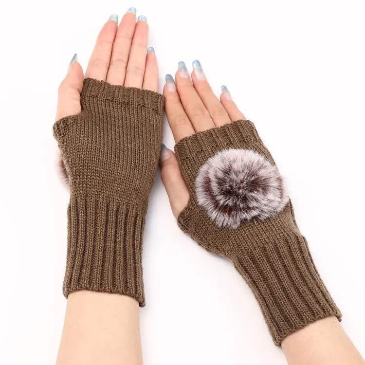 Autumn And Winter Women Fingerless Fur Ball Gloves Knitted Wool Warm Sleeves(Khaki)