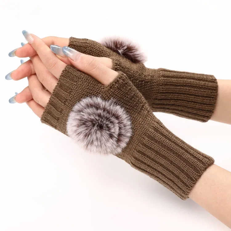 Autumn And Winter Women Fingerless Fur Ball Gloves Knitted Wool Warm Sleeves(Khaki)