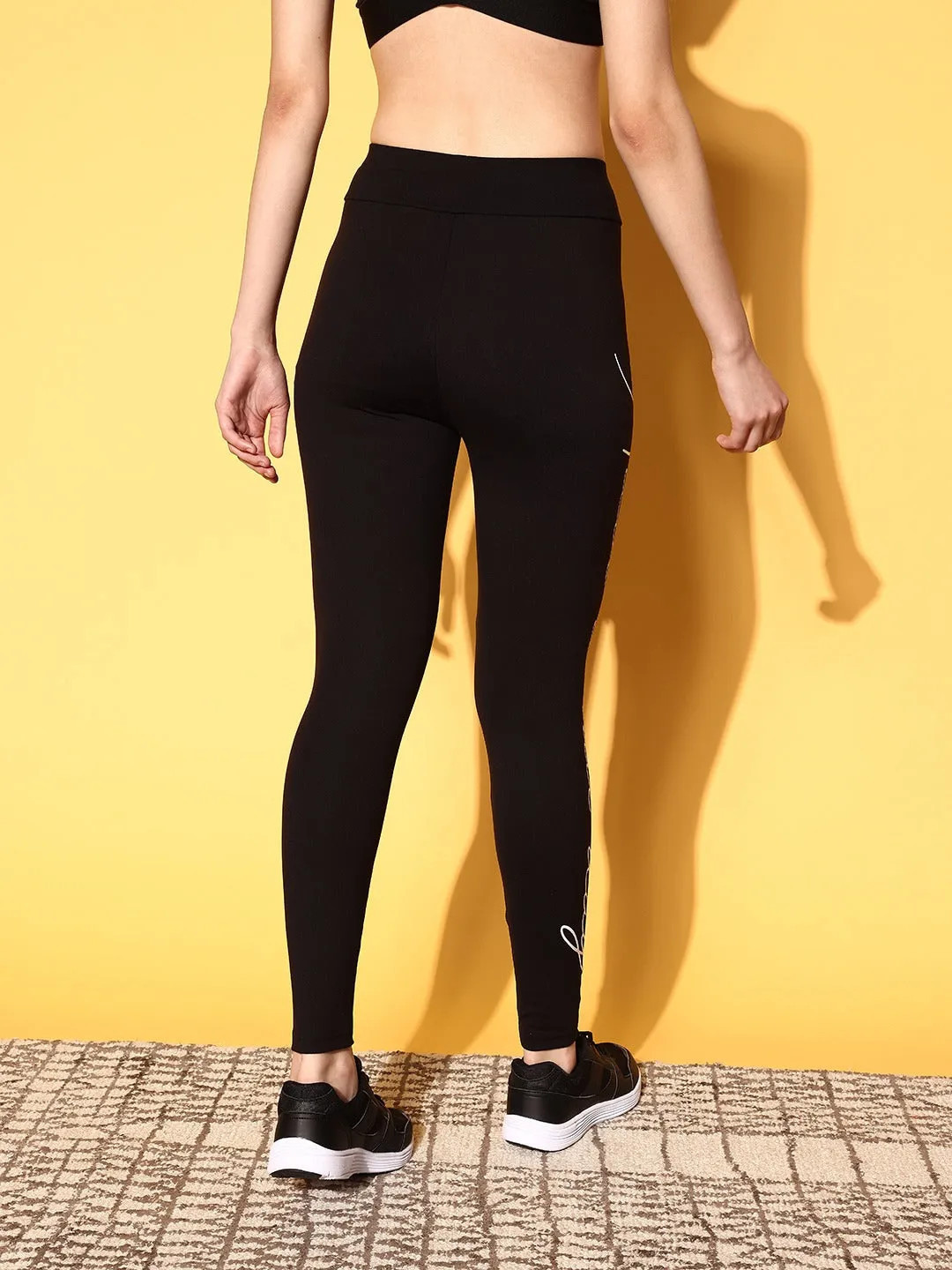 Berrylush Women Black Typography Printed Elastic High-Rise Waist Slip-On Regular Sports Tights