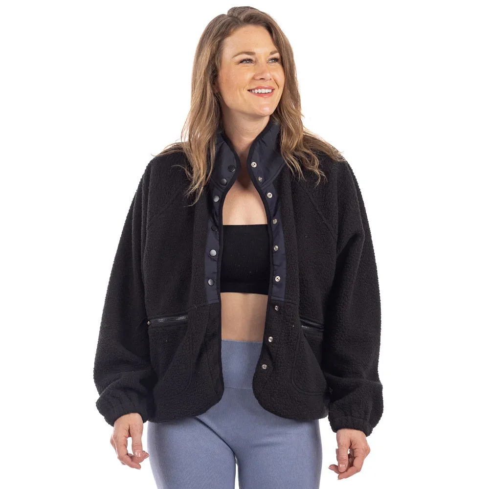 Black Buttoned Slouchy Wholesale Fleece Jacket