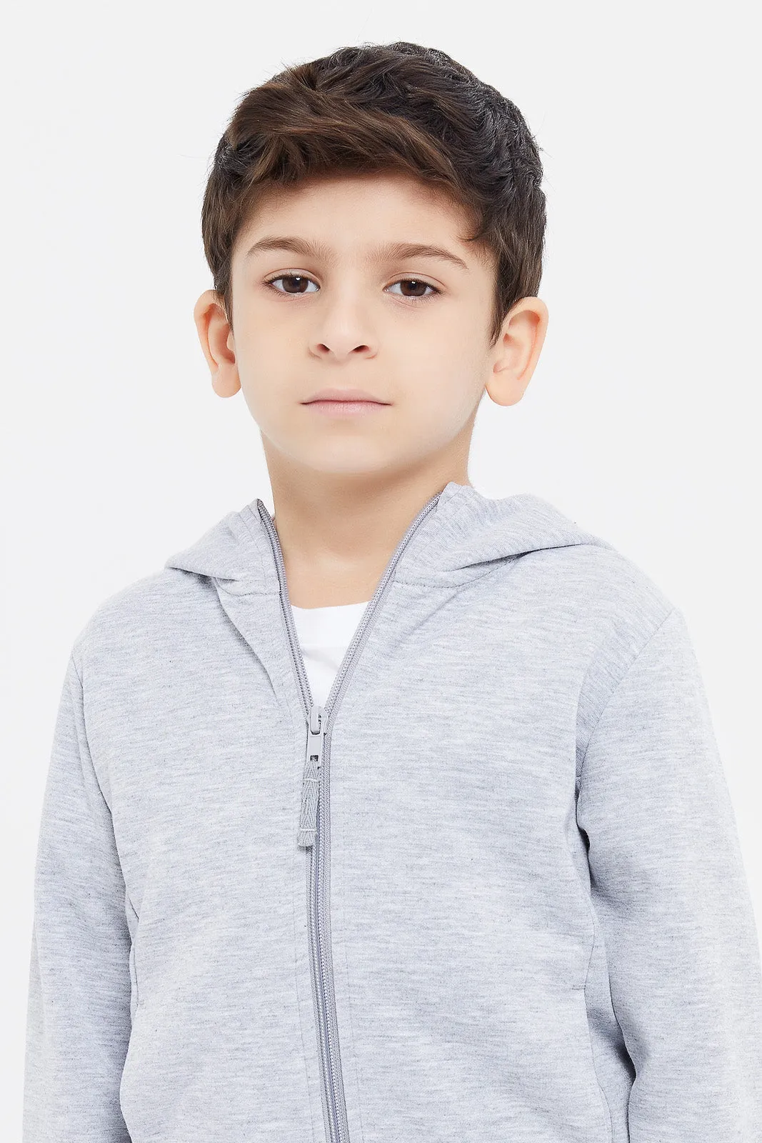 Boys Grey Zip Thru Hooded Sweatshirt