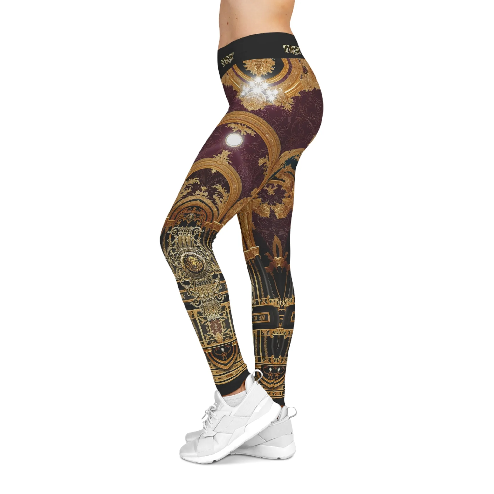 Burgundy Arch Leggings Women Decorative Baroque Leggings Casual Wear Spandex Leggings Women Lounge Wear | D20225C