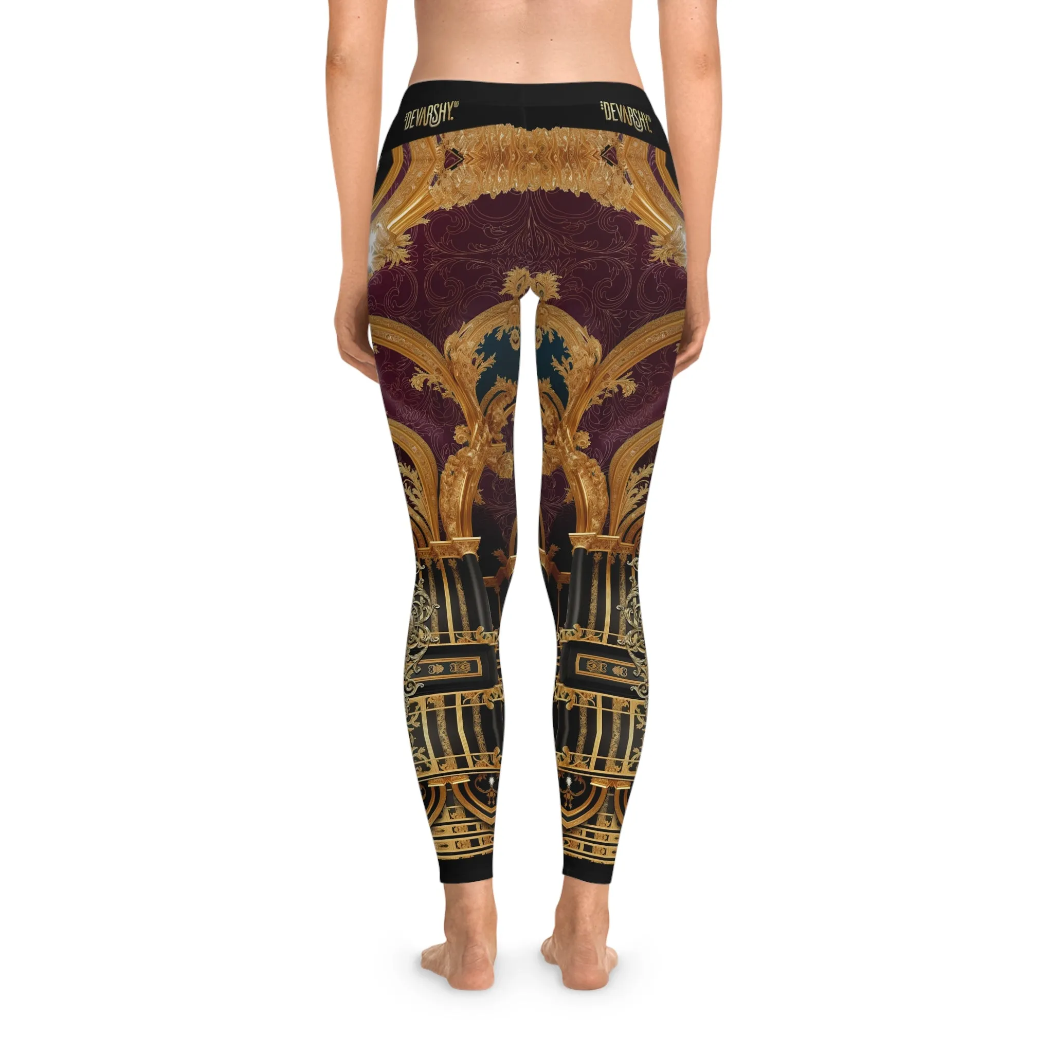 Burgundy Arch Leggings Women Decorative Baroque Leggings Casual Wear Spandex Leggings Women Lounge Wear | D20225C