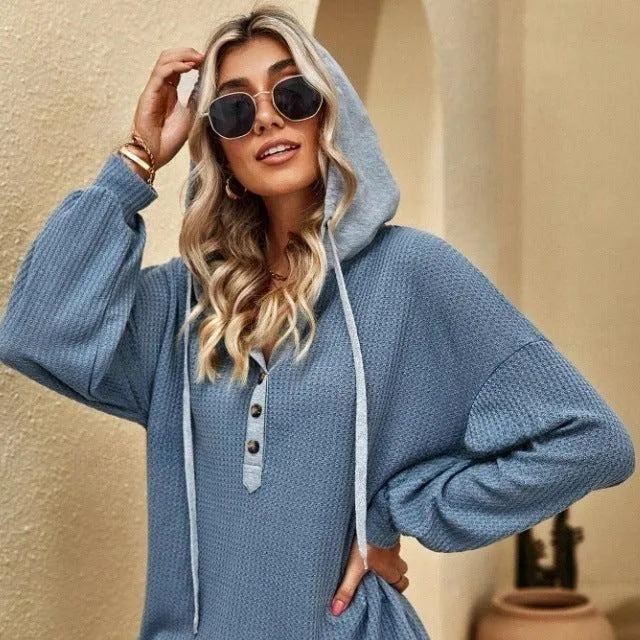 Casual Sports Button Hooded Sweatshirt Loose Long Sleeves Hoodies Fashion Solid Tops Womens Clothing