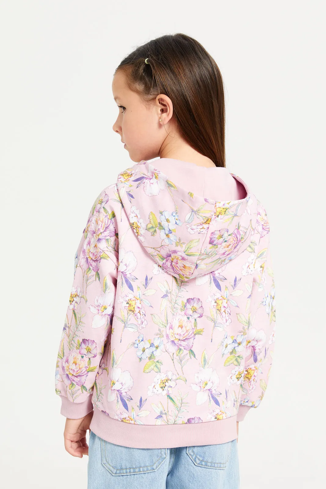 Girls Lilac Floral Print Hooded Sweatshirt