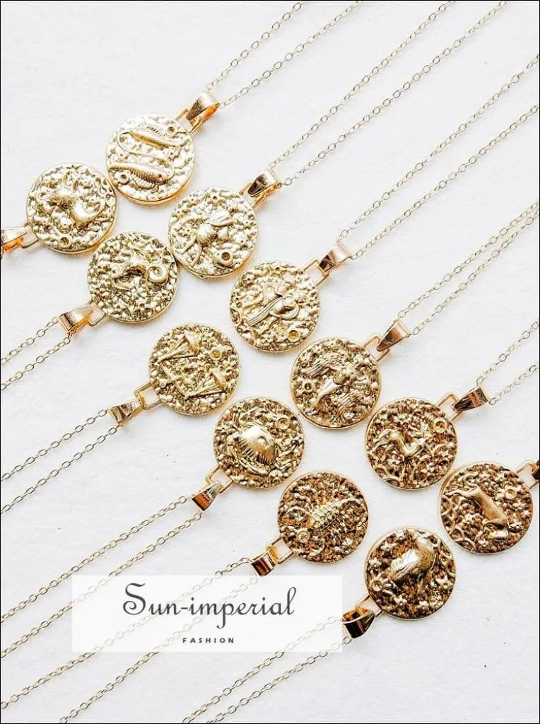 Gold Color 12 Constellation Necklaces & Pendants for Women Coin Gold Chain Necklace