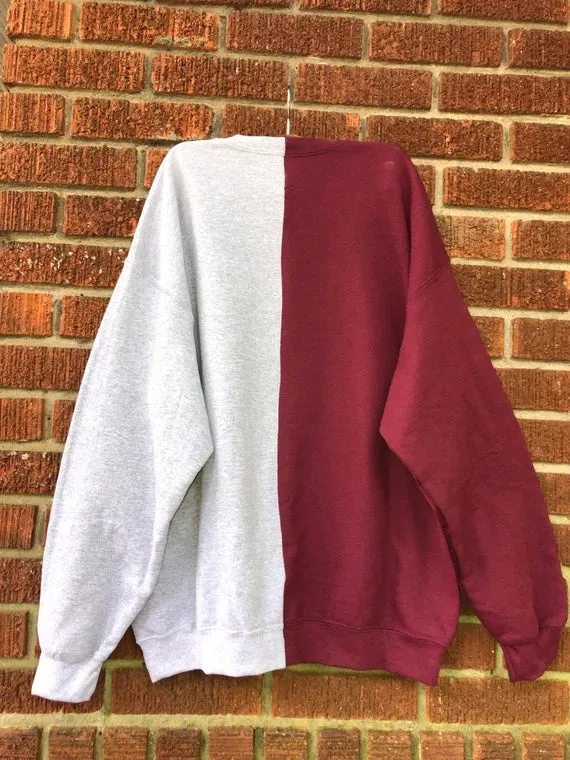 Handmade Morehouse 1867 Maroon and Sports Grey Half and Half Crew Neck Sweatshirt