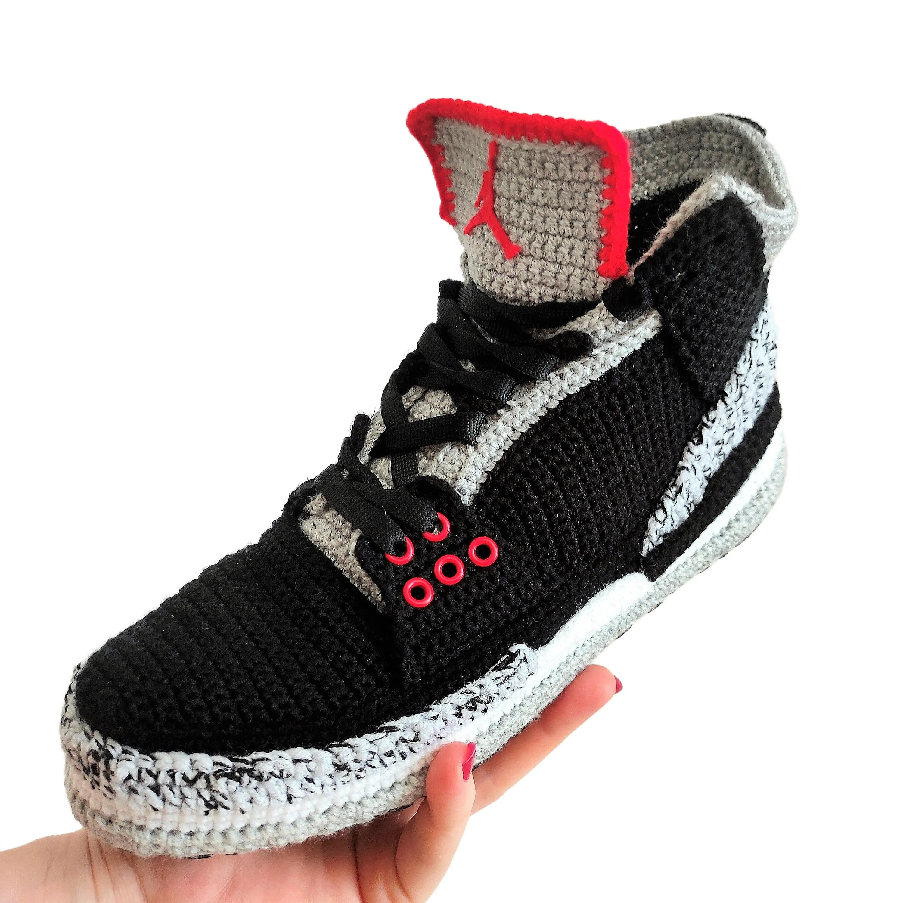 Jordan 3 Retro Black Crochet Home Slippers Custom Sneakers Basketball Plush Shoes