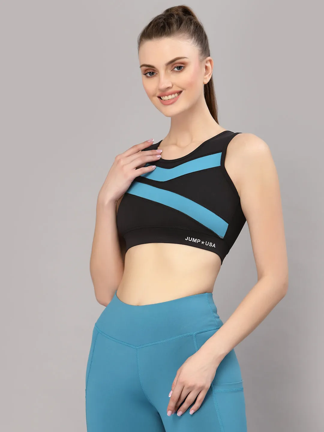 JUMP USA Black & Teal Solid Non-Wired Non Padded Rapid-Dry Training Sports Bra