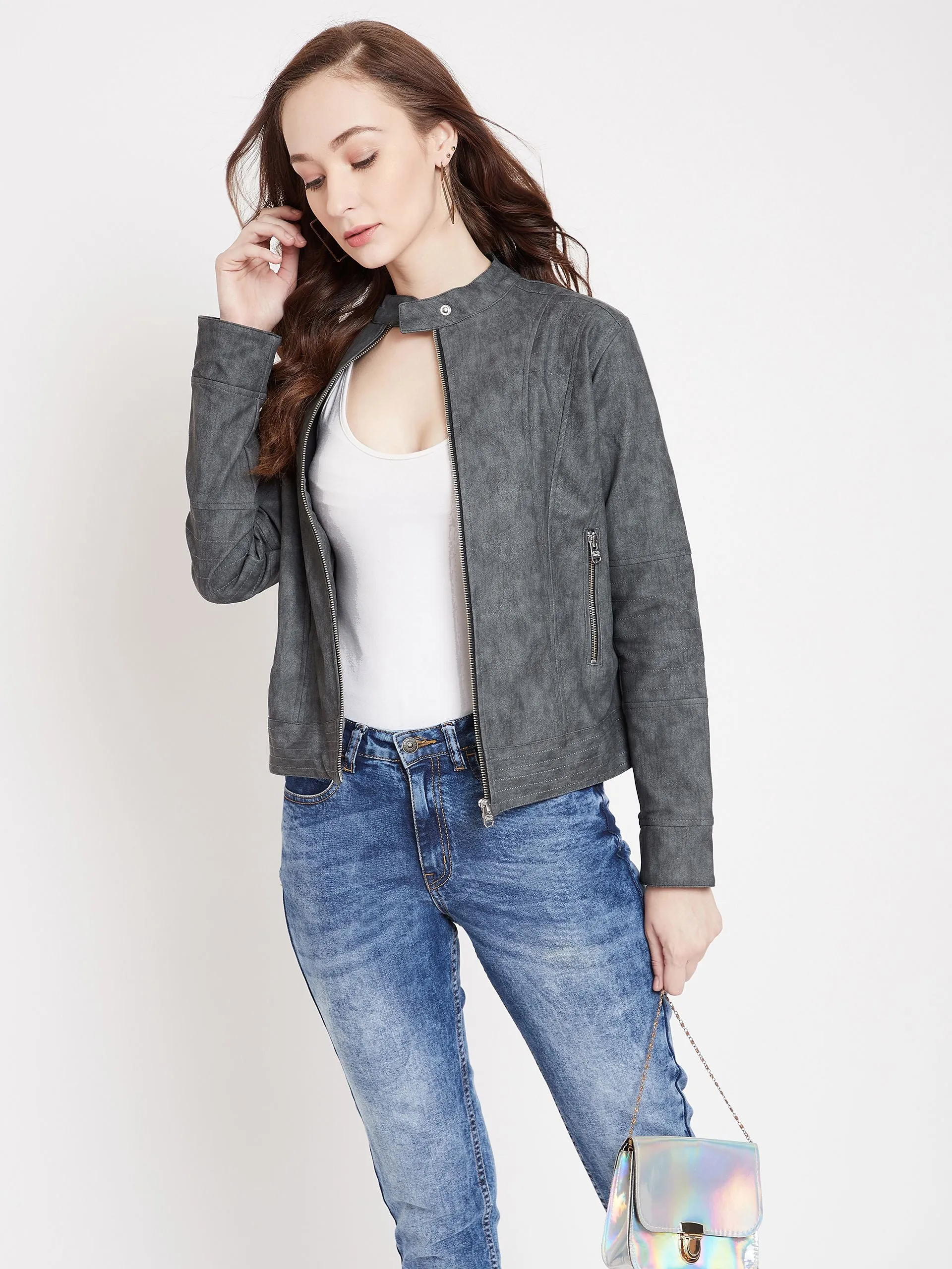 JUMP USA Woman Grey Leather Biker jacket