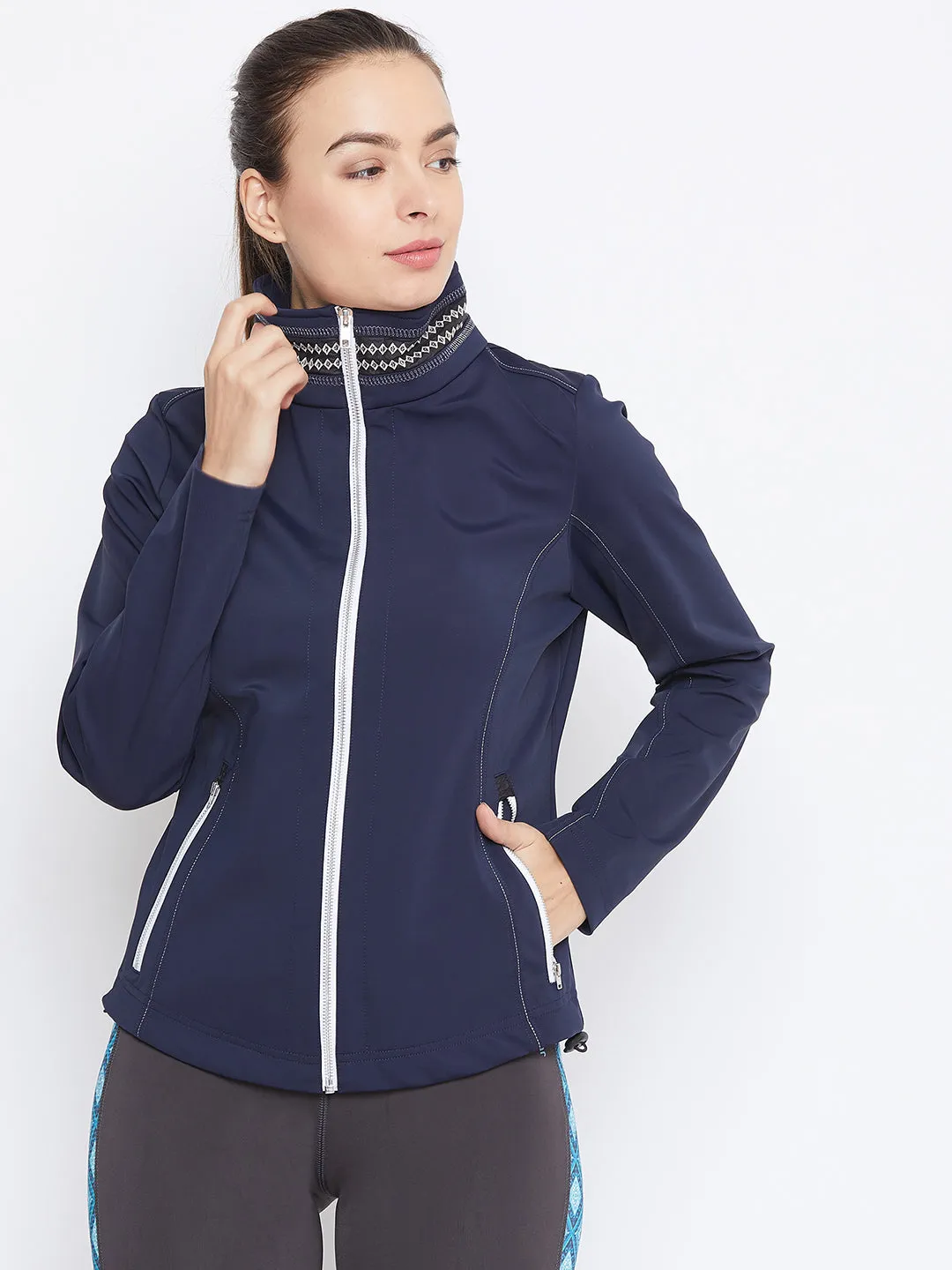 JUMP USA Women Navy Blue Solid Sporty Jacket