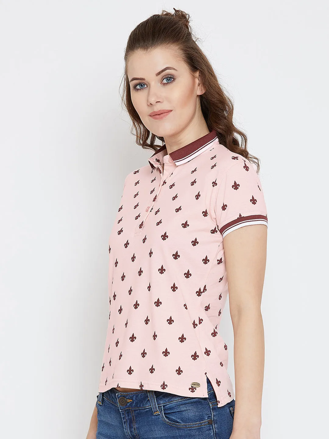 JUMP USA Women Pink Printed Polo Collar T-Shirt