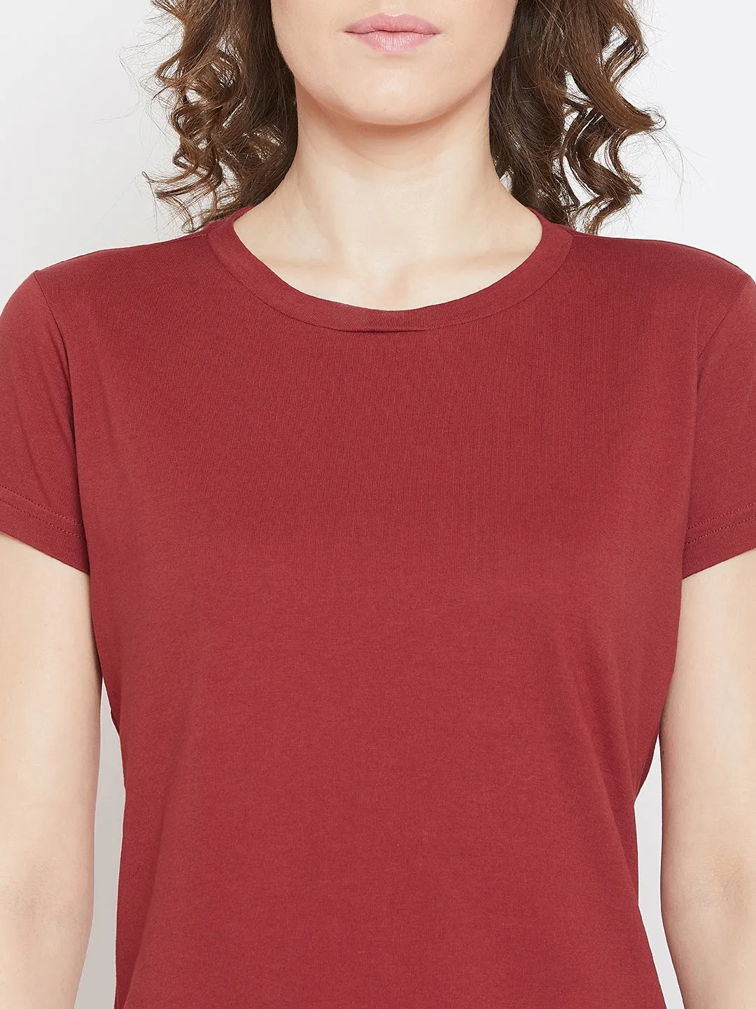 JUMP USA Women Red Cotton Solid Round Neck T-Shirt