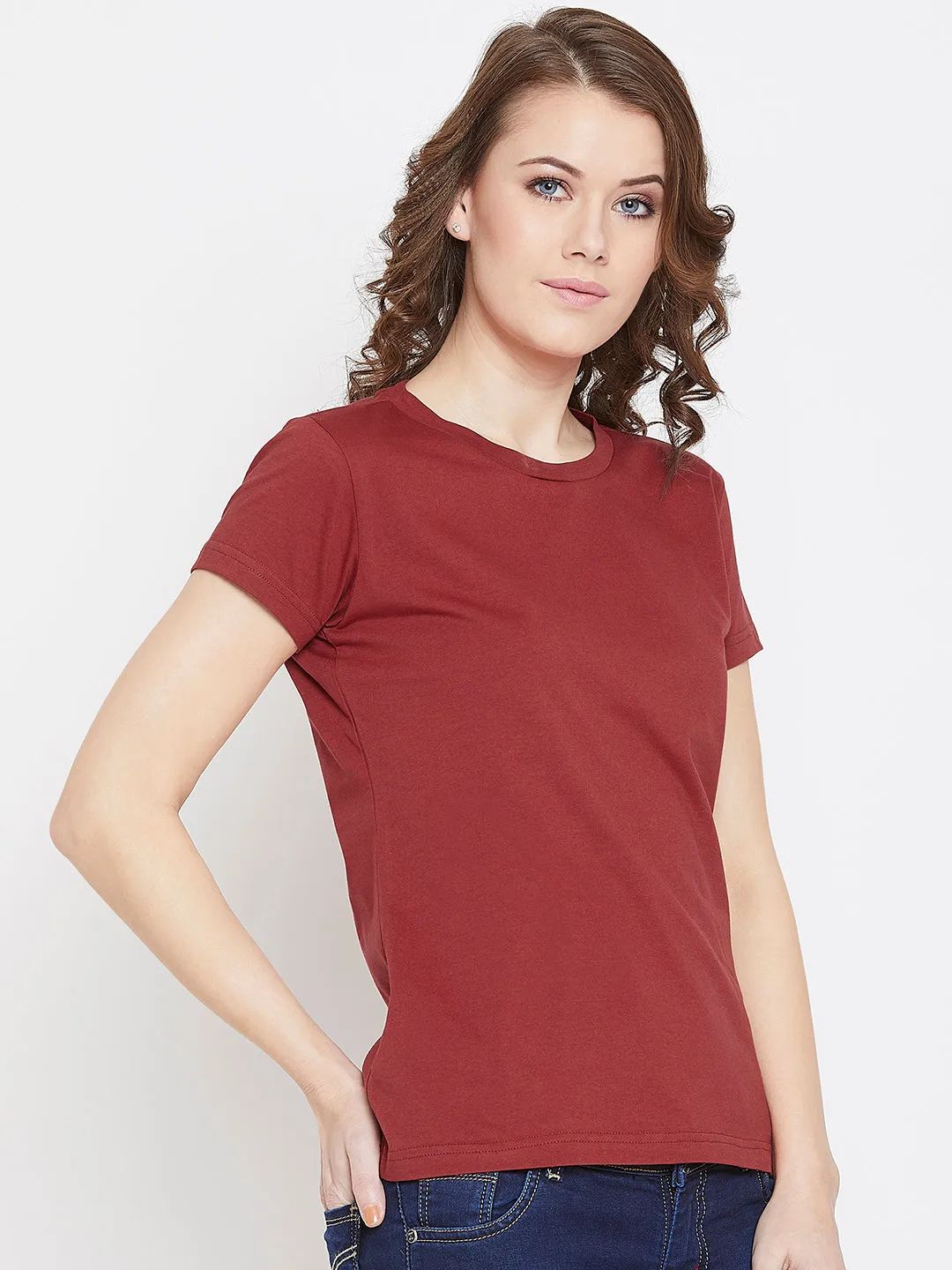 JUMP USA Women Red Cotton Solid Round Neck T-Shirt