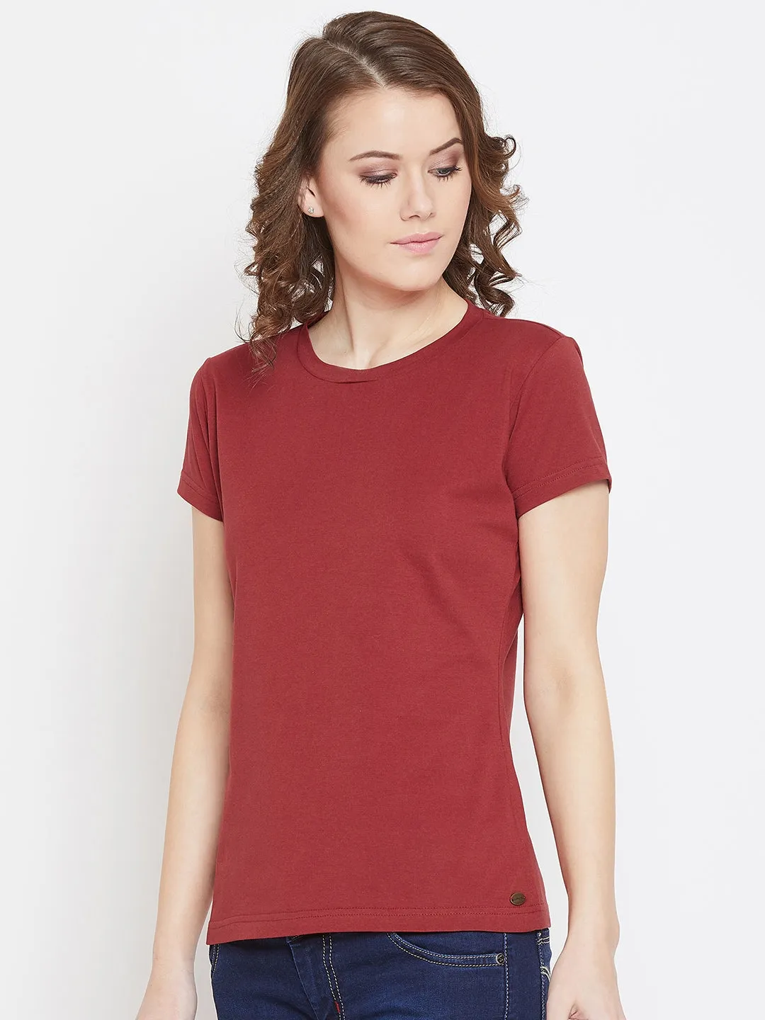 JUMP USA Women Red Cotton Solid Round Neck T-Shirt