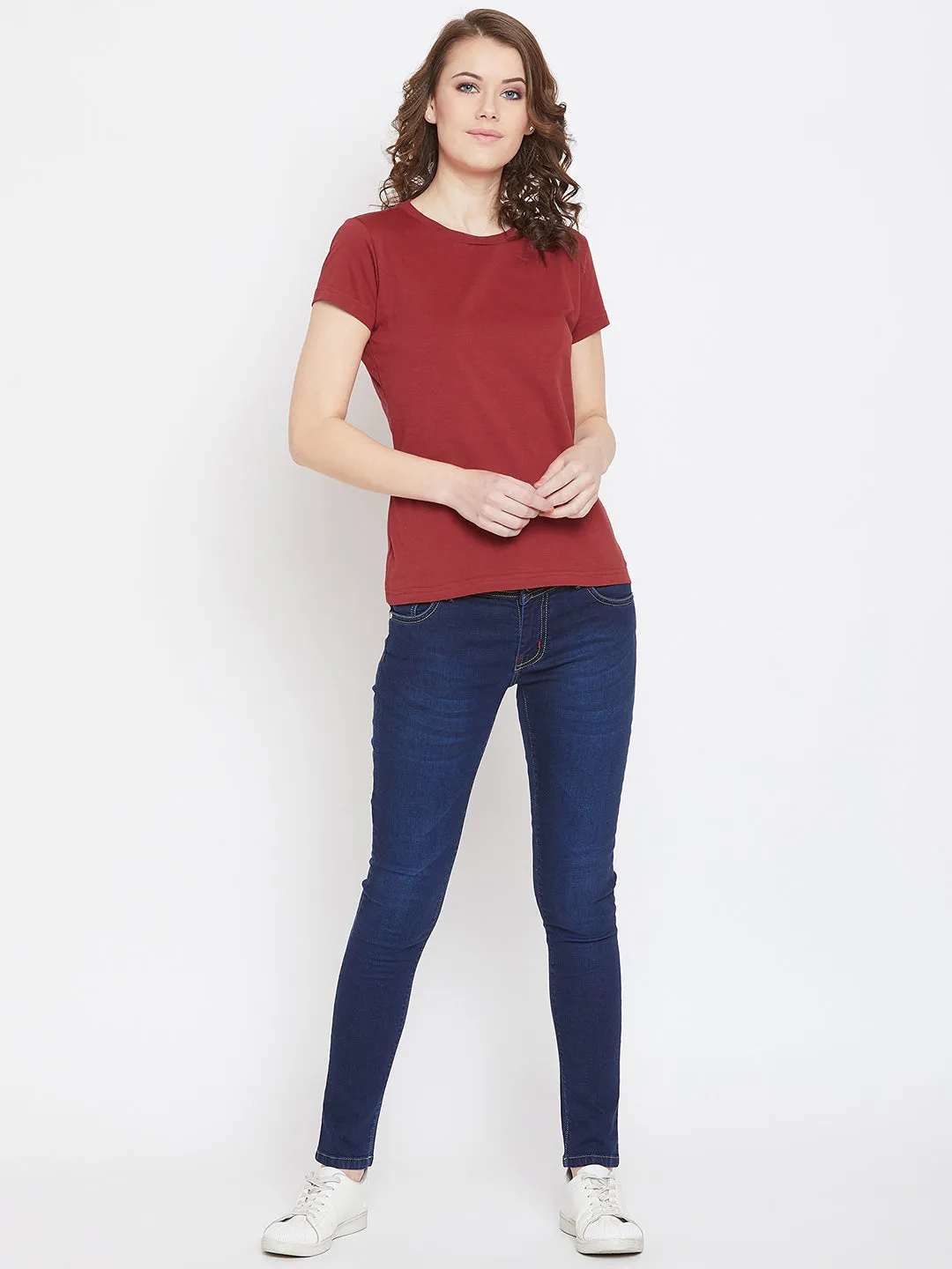 JUMP USA Women Red Cotton Solid Round Neck T-Shirt