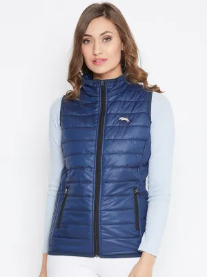 JUMP USA Women's Blue Sleeveless Solid Bomber Jacket