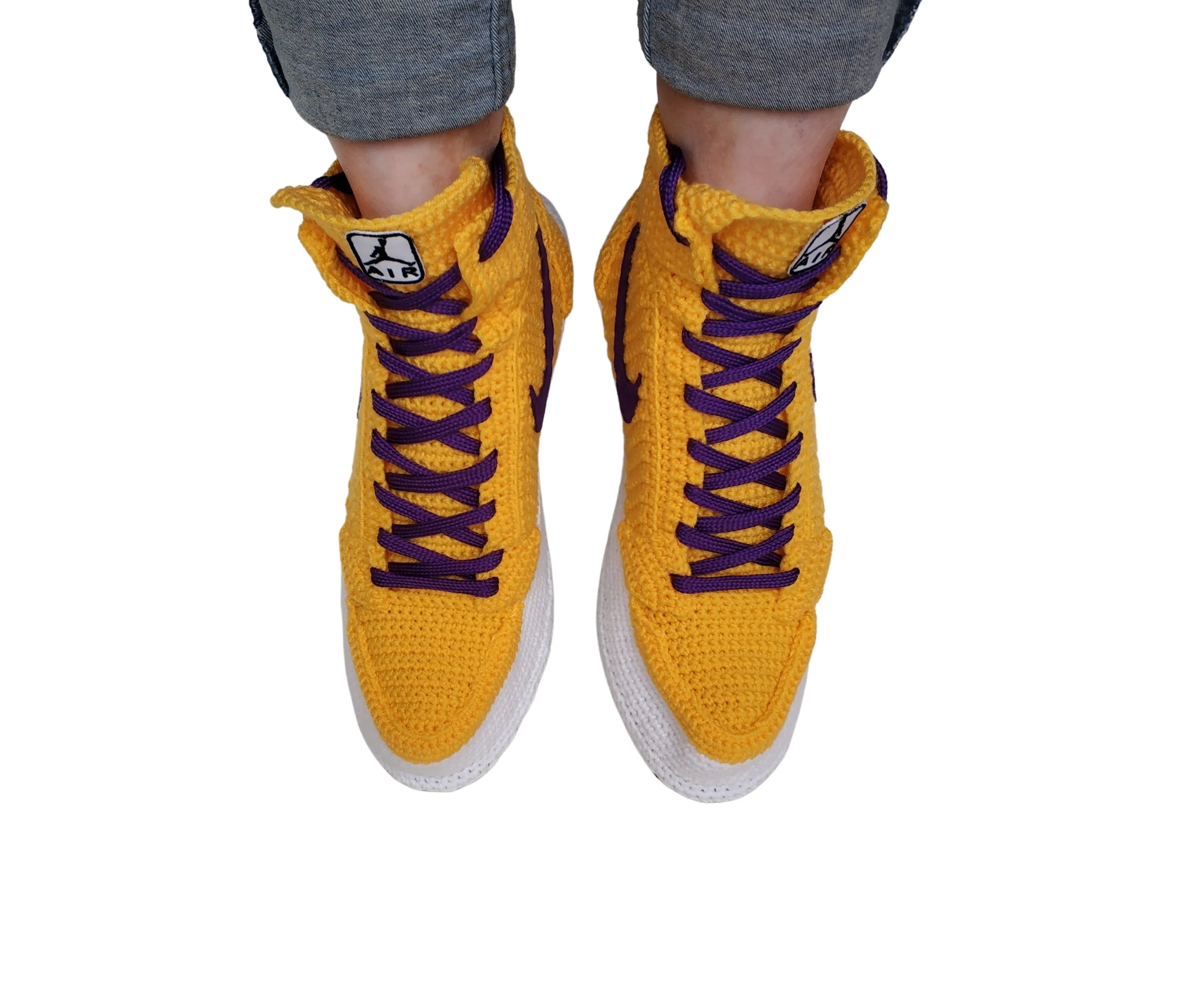 LA Lakers Kobe Bryant Custom Jordan 1 Purple / Yellow Sneakers Handmade Crochet Slippers