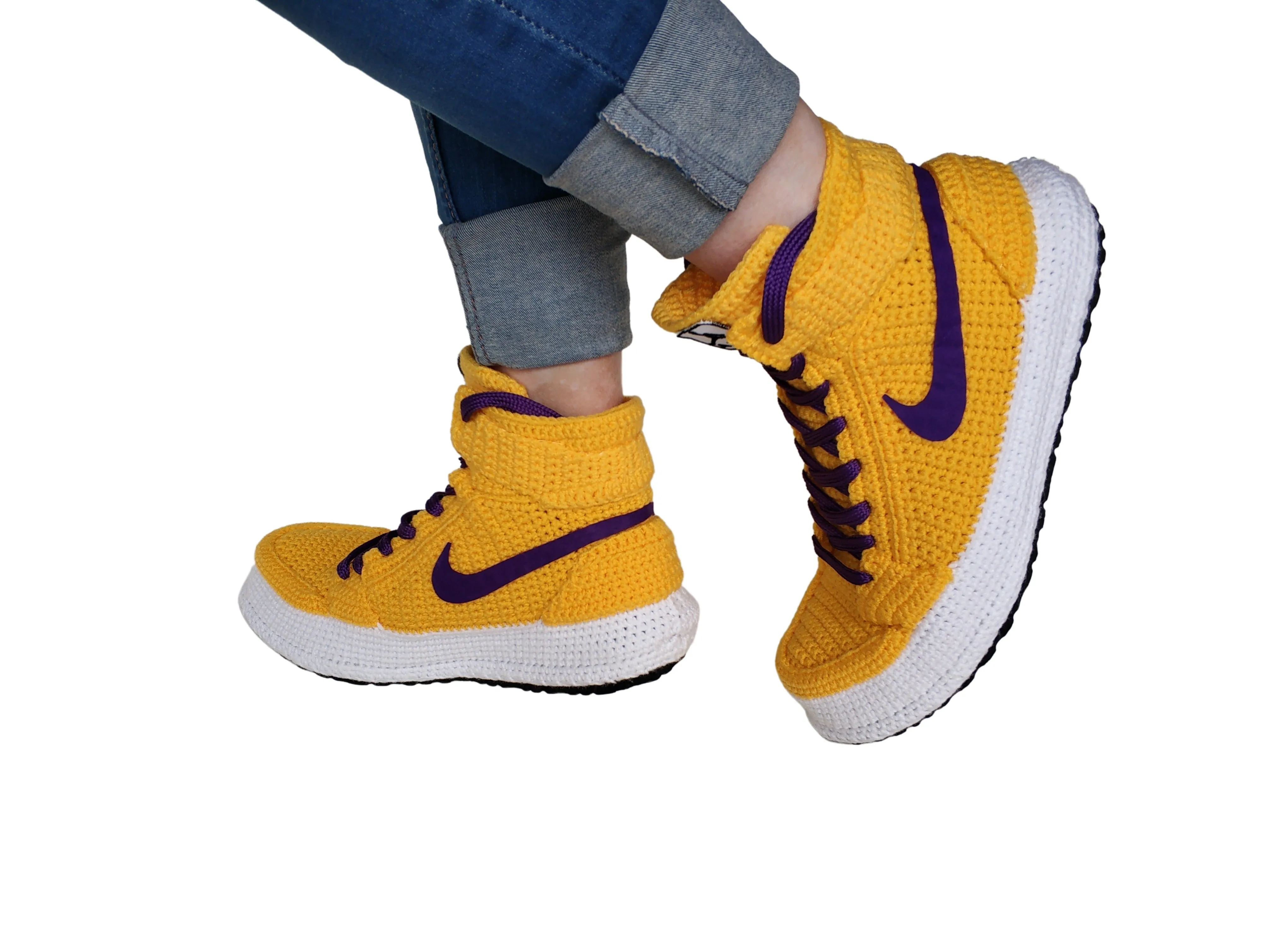 LA Lakers Kobe Bryant Custom Jordan 1 Purple / Yellow Sneakers Handmade Crochet Slippers