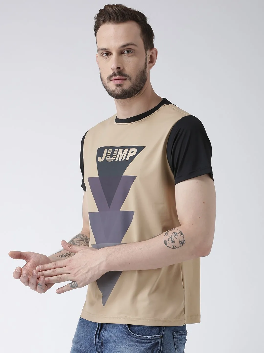 Men Beige Graphic Round Neck T-shirt