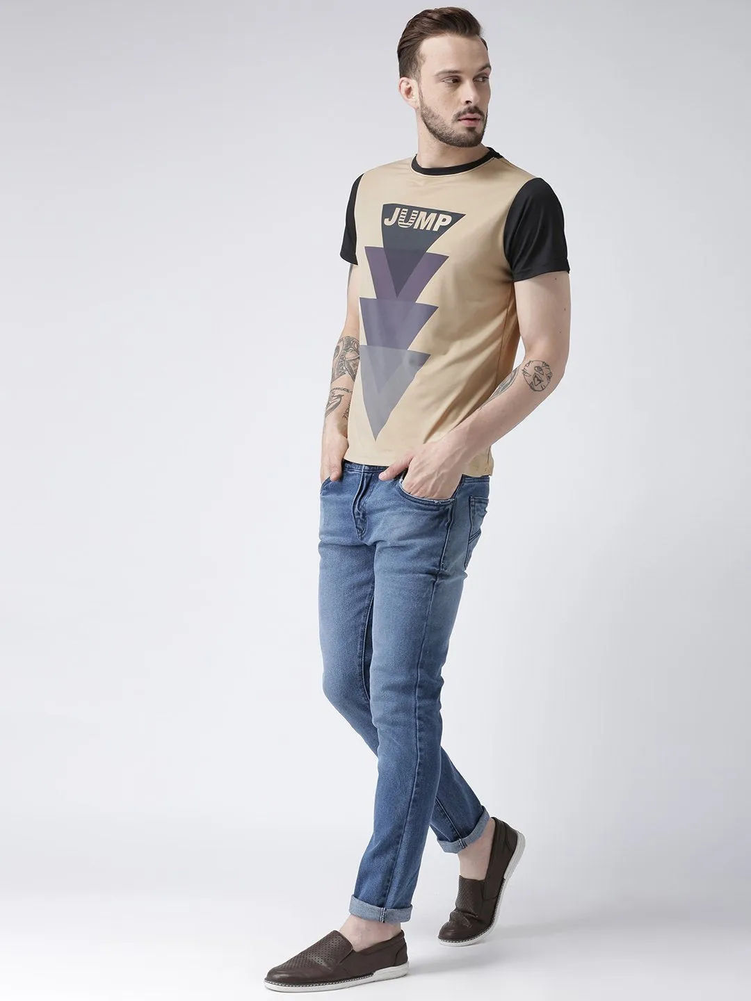 Men Beige Graphic Round Neck T-shirt