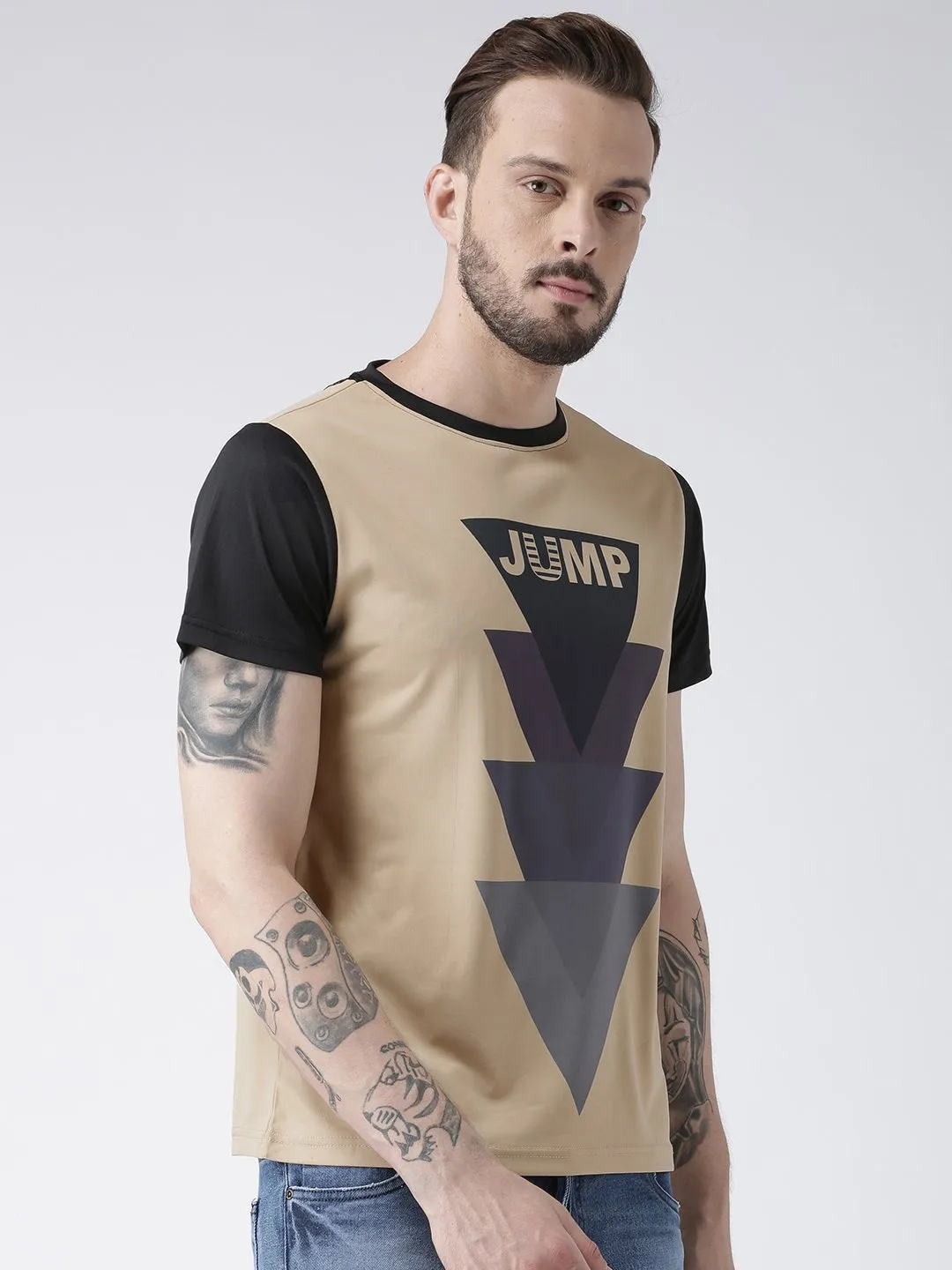 Men Beige Graphic Round Neck T-shirt