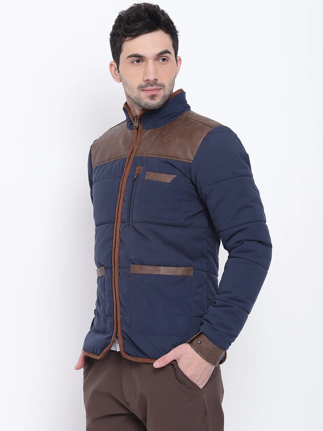 Men Casual Solid Blue Padded Jacket