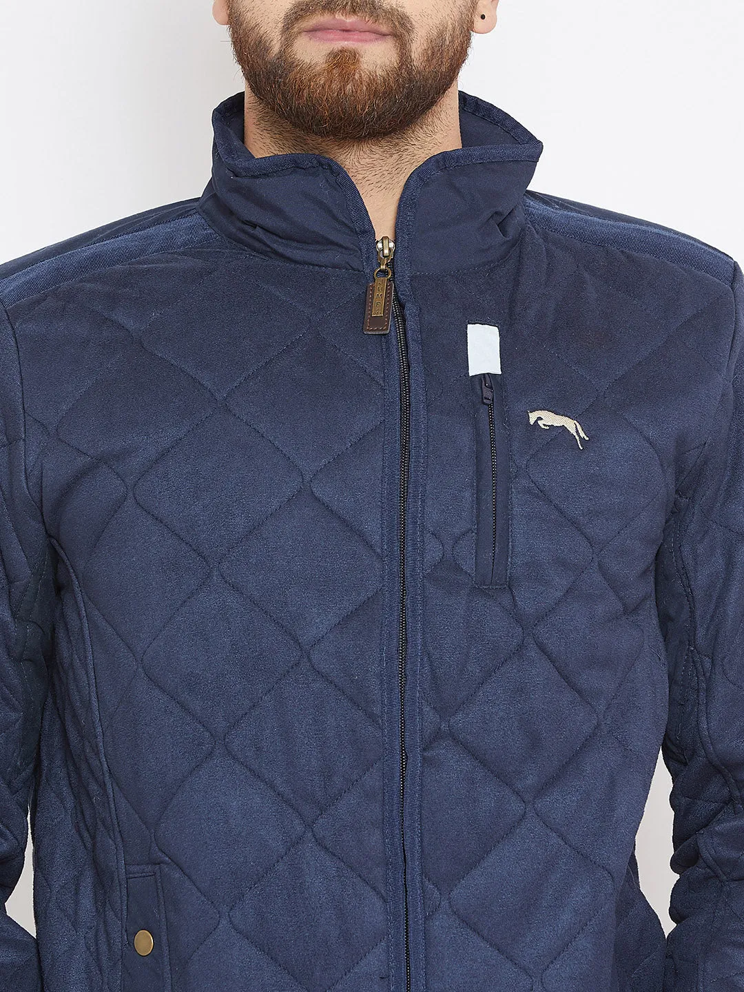 Men Navy Blue Solid Quilted Jacket