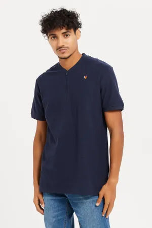 Men Navy Henley Collared Polo Shirt