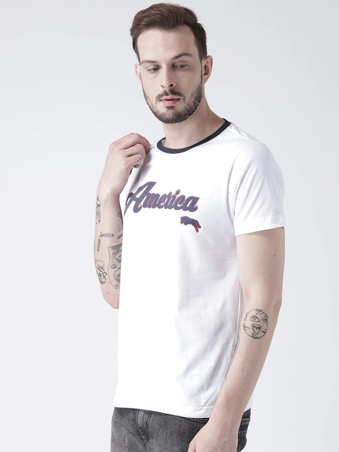 Men White Solid Round Neck T-shirt