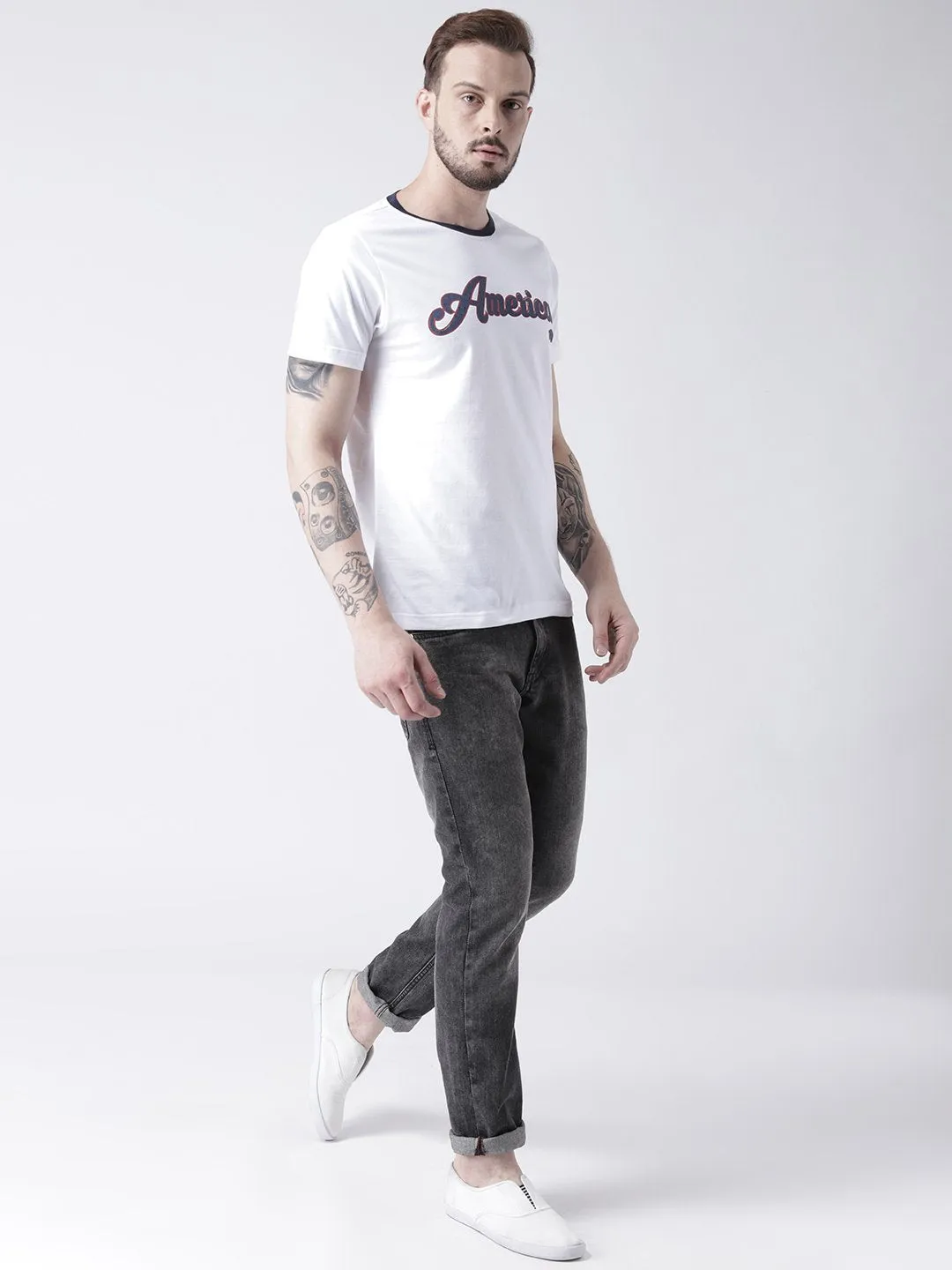 Men White Solid Round Neck T-shirt