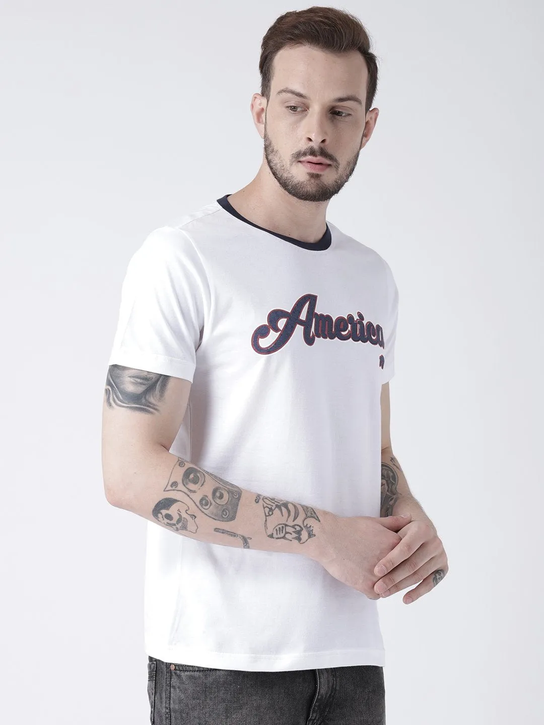 Men White Solid Round Neck T-shirt