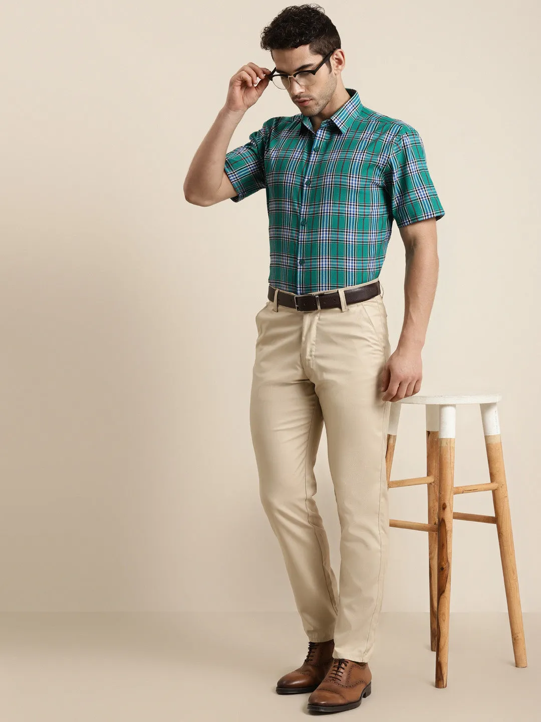 Men's Cotton Green & Blue Half sleeves Casual Shirt