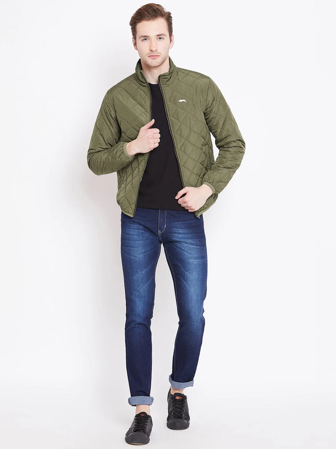 Mens Solid Military Olive Quilted Jacket