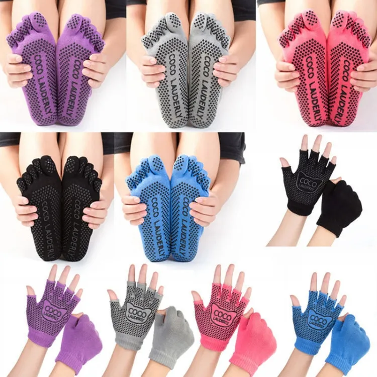 Non-slip Open Finger Yoga Sports Gloves Five Finger Yoga Socks Set, Size: One Size(Open Toe Blue)