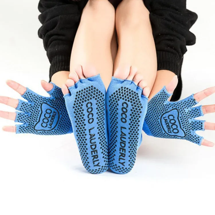 Non-slip Open Finger Yoga Sports Gloves Five Finger Yoga Socks Set, Size: One Size(Open Toe Blue)