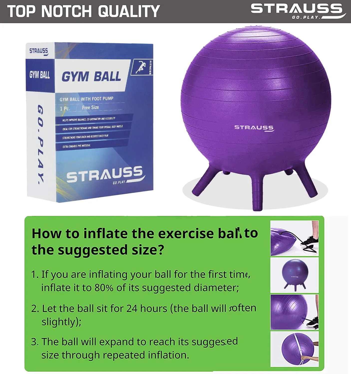 STRAUSS Anti-Burst Rubber Gym Ball Stabiity Legs with Free Foot Pump | Round Shape Swiss Ball for Exercise, Workout, Yoga, Pregnancy, Birthing, Balance & Stability, 55 cm, (Purple)