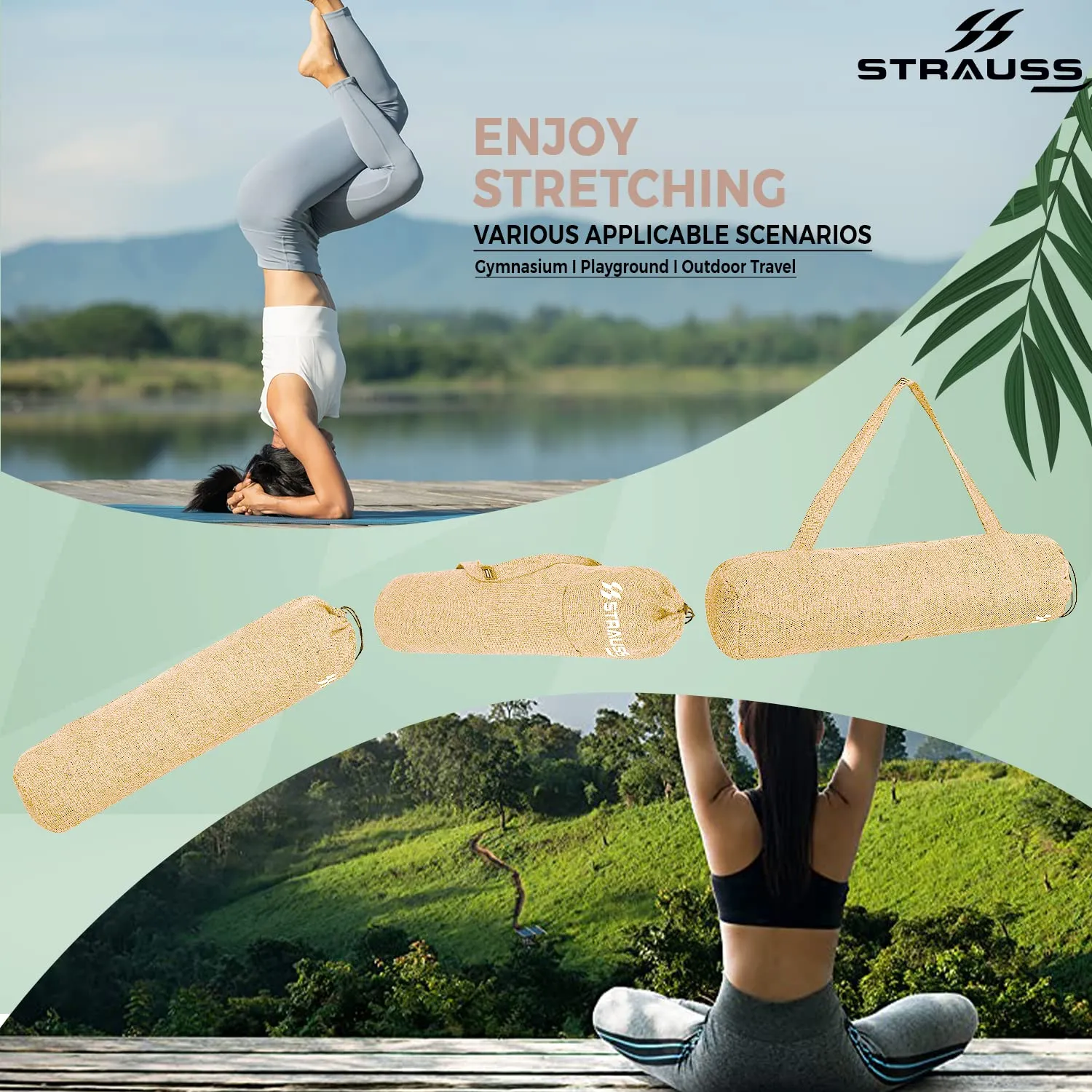 STRAUSS Breathable Jute Yoga Mat Bag with Shoulder Strap | Washable & Durable Yoga Mat Cover Bag | Travel, Yoga & Gym Shoulder Bag | Along with Side Pocket | Ideal for Men & Women, (Cream)