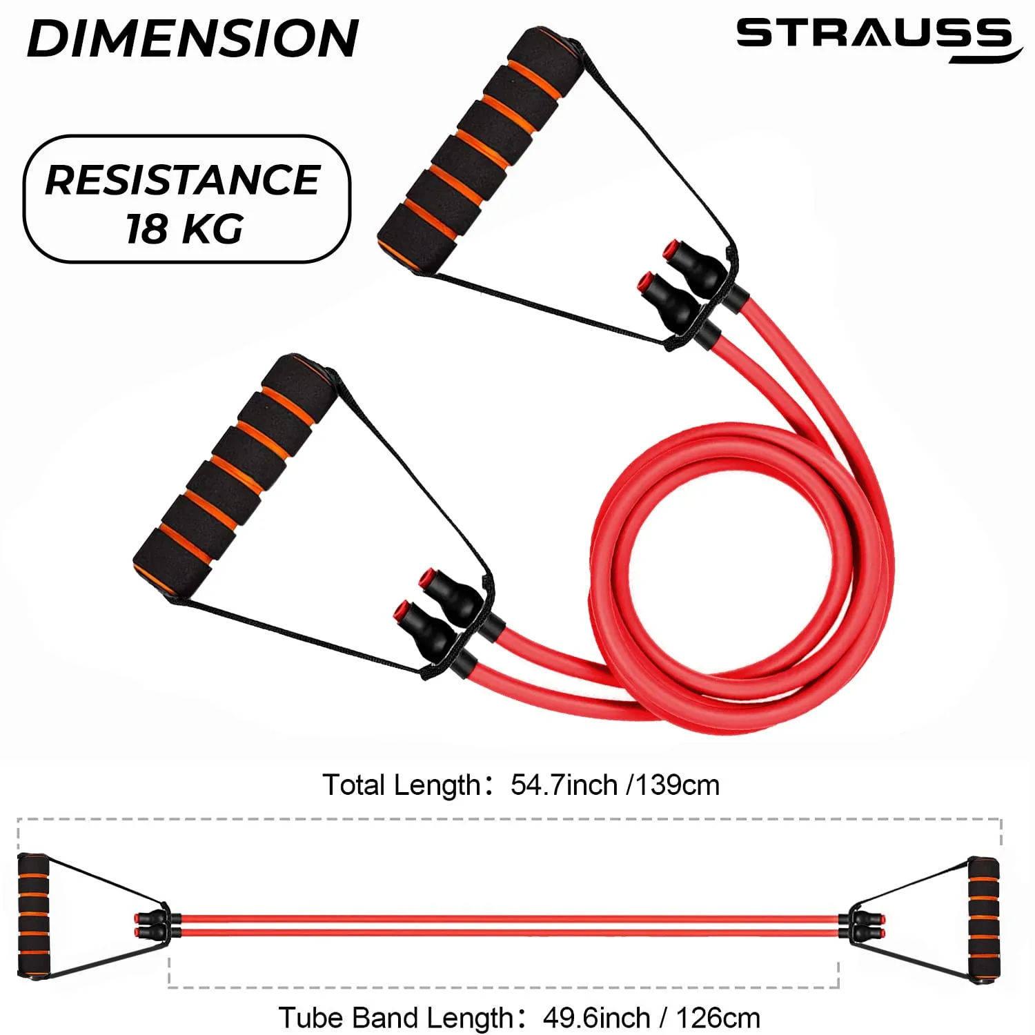 Strauss Double Resistance Tube with Foam Handles, Door Knob & Carry Bag, 18 Kg, (Red)