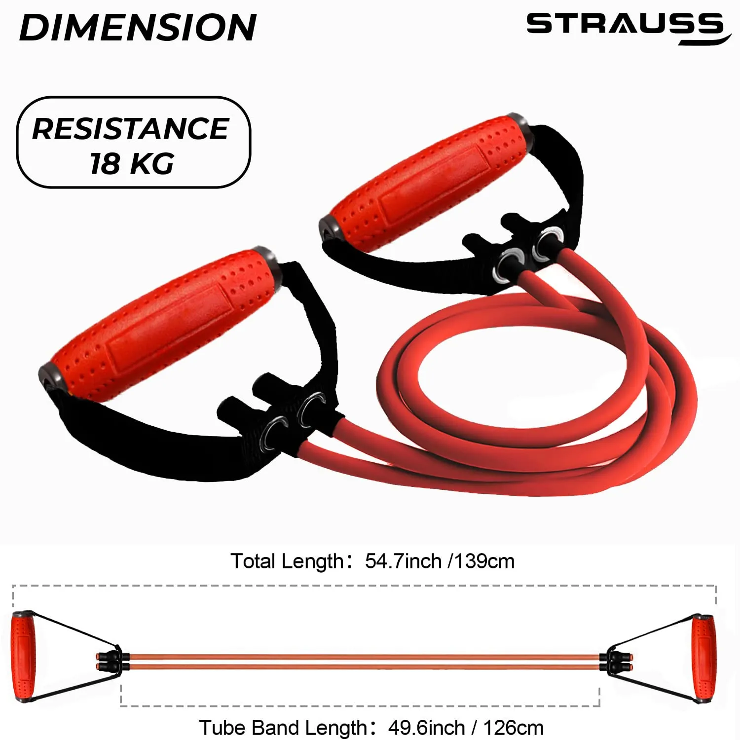 Strauss Double Resistance Tube with PVC Handles, Door Knob & Carry Bag | Double Toning Tube for Stretching, Workout, Home Gym and Toning with Heavy Quality D Shaped Handles | 18 Kg, (Red)