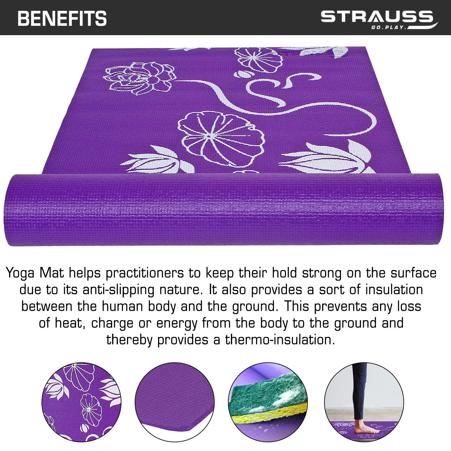 Strauss Exercise Floral Yoga Mat with Carry Bag Non-Slip Exercise & Fitness Mat for Yoga, Pilates & Floor Workouts For Men & Women Anti Tear Mat | Home & Gym Workout |Size-8mm, (Purple)