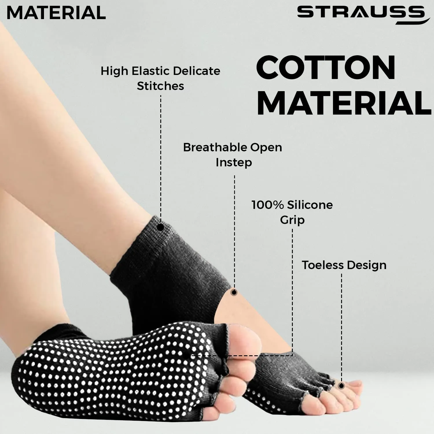 STRAUSS Women Yoga Socks | Anti Bacterial and Anti-Skid Yoga Socks | Suitable for Daily Use | Ideal for Pilates, Pure Barre, Ballet, Dance and Barefoot Workout,(Black)