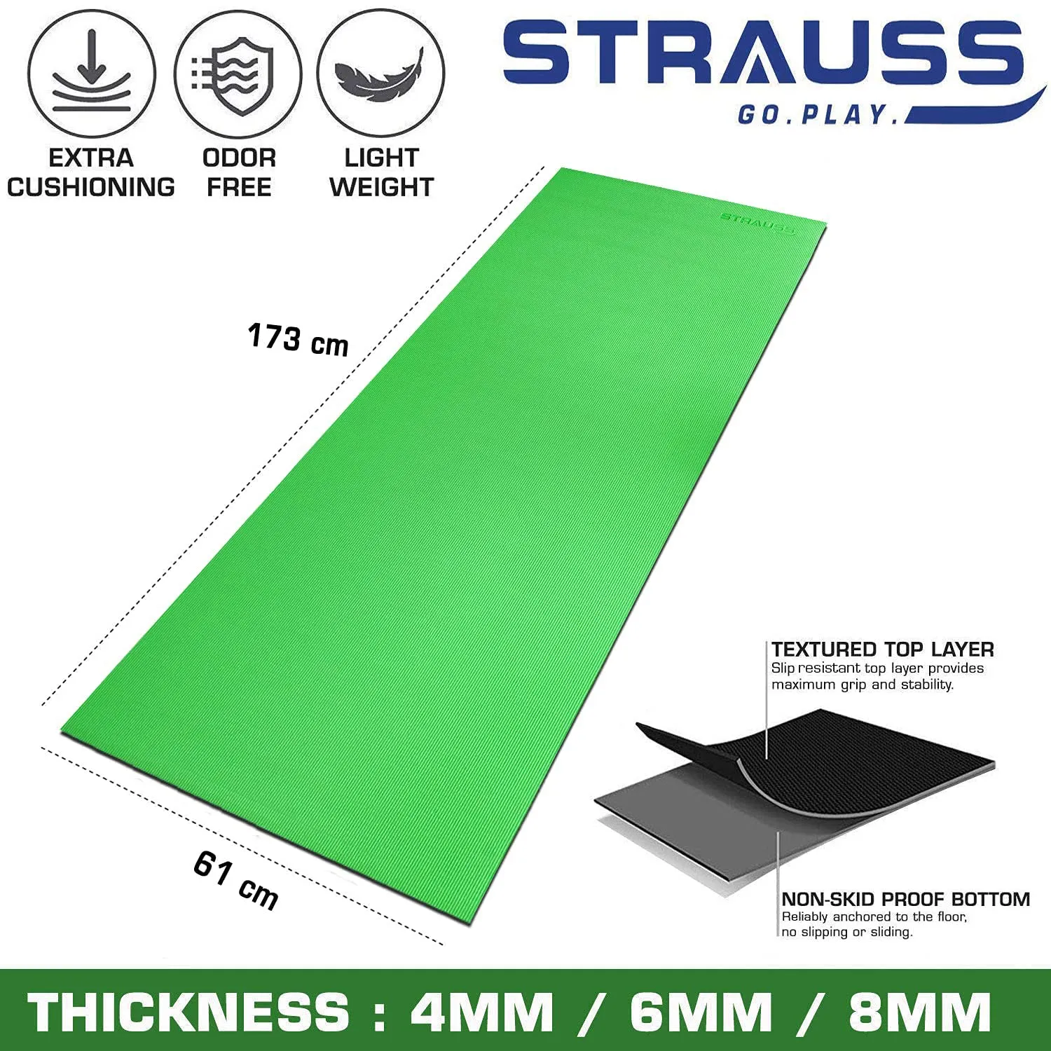 STRAUSS Yoga Mat with Carry Bag | Anti-Slip Exercise Mat for Women & Men | Home Gym Workout, Yoga, Pilates | Eco-friendly | Non-Slip Surface | Lightweight & Durable | 6mm (Green)