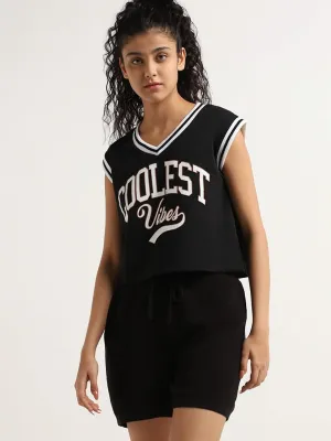 Studiofit Black Contrast Print Cotton Crop T-Shirt